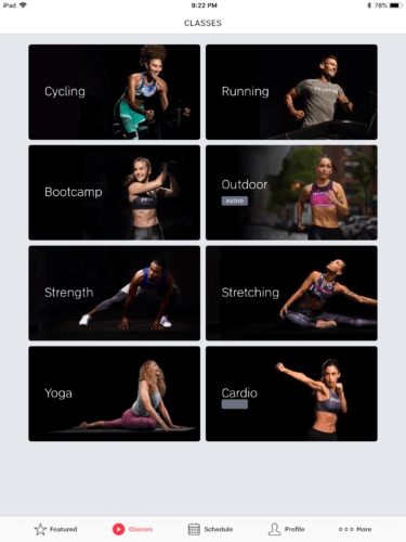Peloton App classes for cycling, running, bootcamp, outdoor, strength, stretching, yoga, and cardio