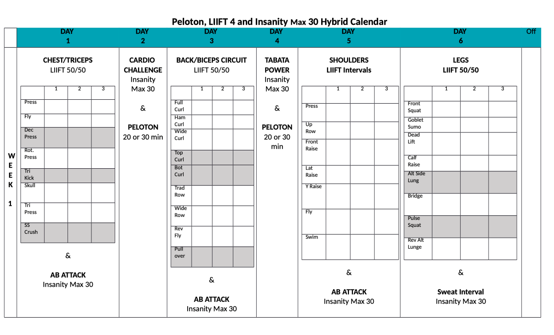 Peloton LIIFT4 Insanity Max 30 Hybrid Workout Calendar